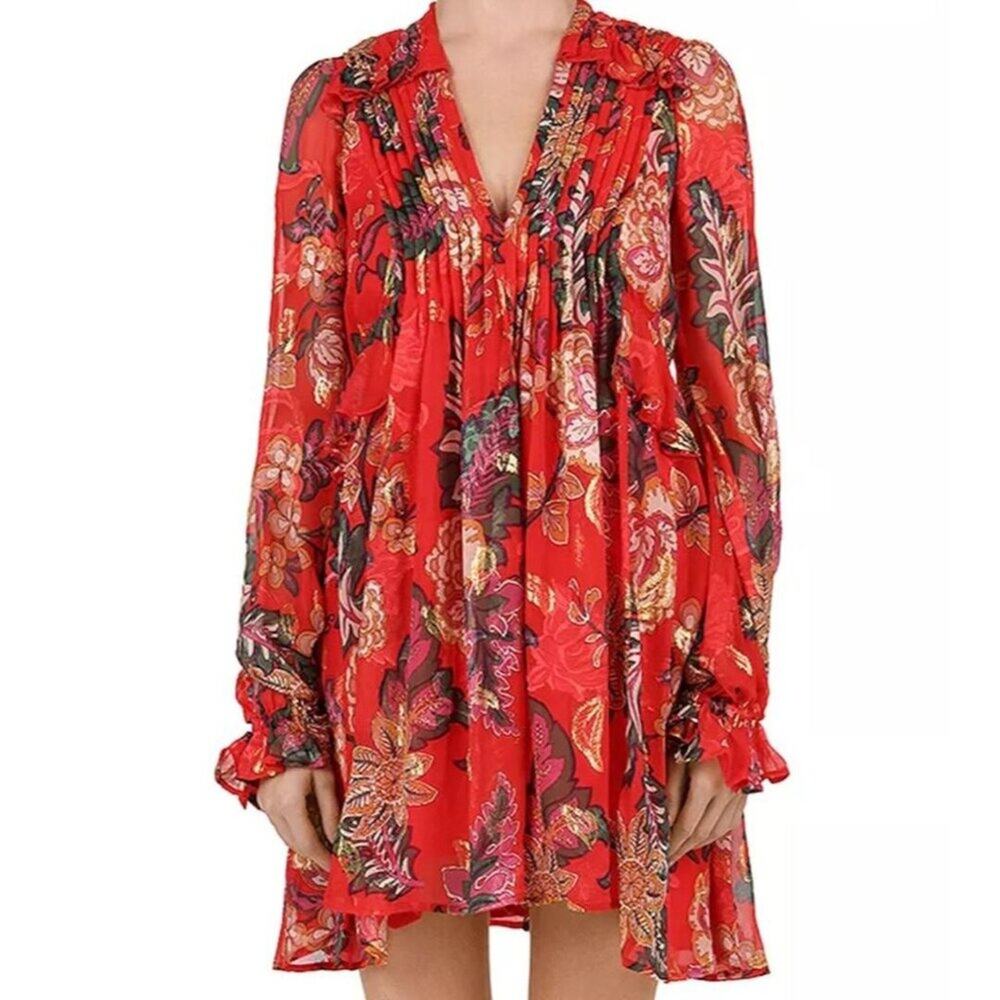 The Kooples Rosa Rosa Red Floral Ruffle Mini Dress Size 2 French Designer